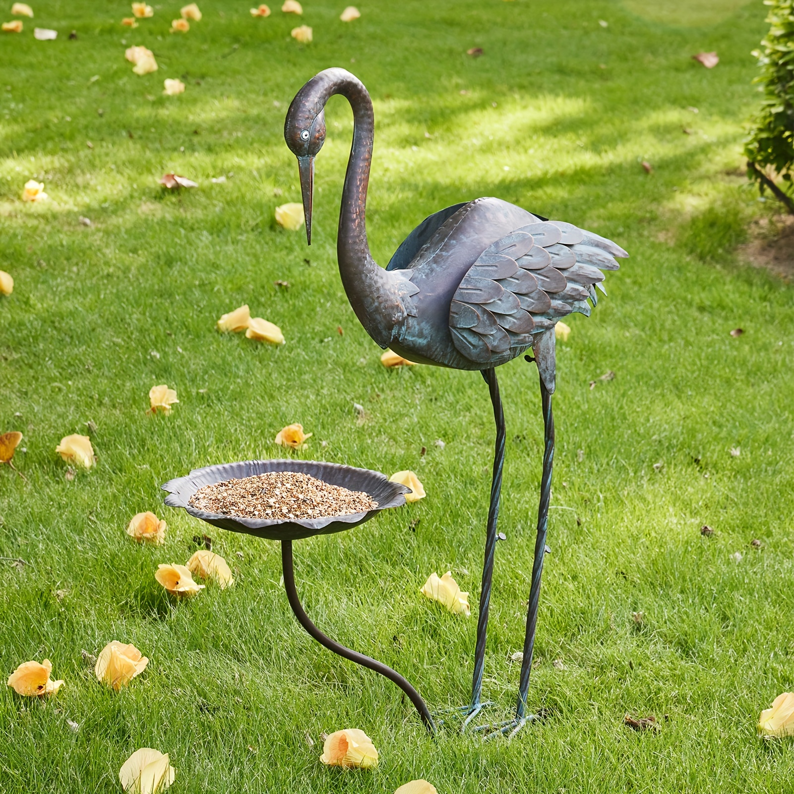 Metal Crane Bird outlets Feeder and Bird Bath Garden Sculpture Statues Art for Garden Decoration Outdoor Decor