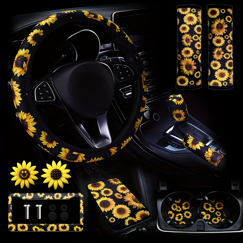 

11pcs Sunflower Car Interior Set, Sunflower Print Car Steering Wheel Cover, Shoulder Protector, Perfume Clip, License Plate Frame