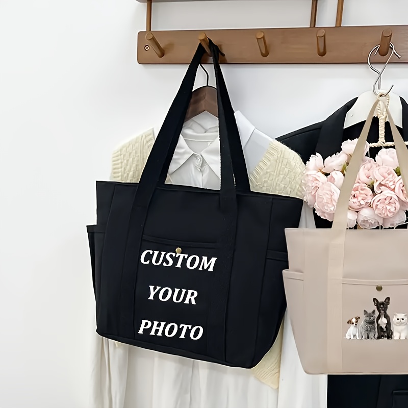 TEMU 【カスタマイズ可能】写真/デザイン入りトートバッグ - 丈夫で大容量、再利用可能。通勤、ショッピング、日常使いに最適。誕生日、記念日、企業イベントに | 完璧なギフト (ホワイト/ブラック)。多機能ファッションアクセサリー、開閉