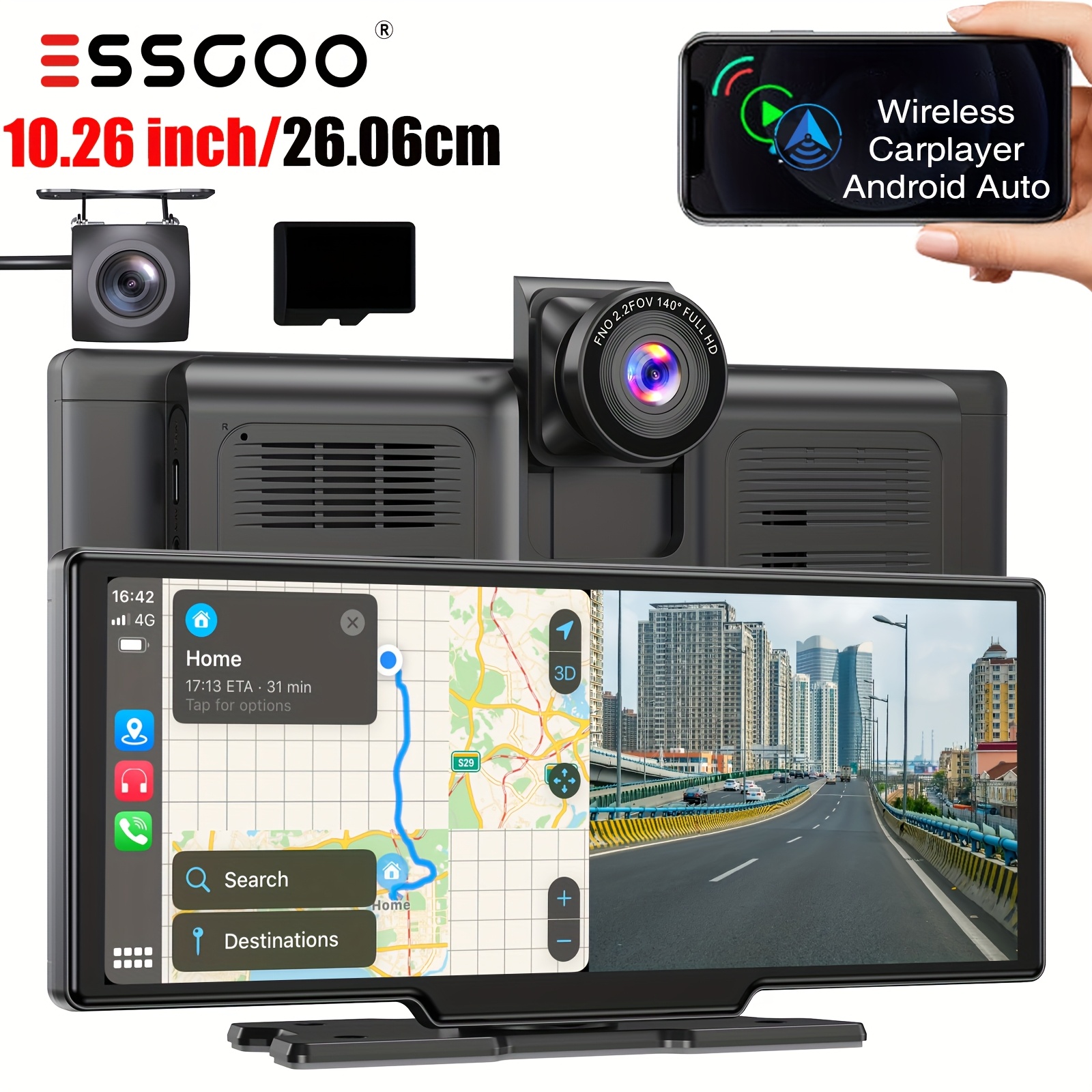 TEMU Essgoo 10.26" Android Auto Wireless Car Stereo With Wireless Navigation, Dual Lens Dash Cam & Backup Camera, Wireless , Car Plug , Touchscreen