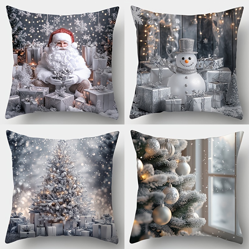 

4pcs Set Christmas Throw Pillow Covers - Santa, Tree & Snowman Designs In Silvery - Soft Polyester, Zip Closure - Sofa & Bedroom Decor (pillows Not Included)