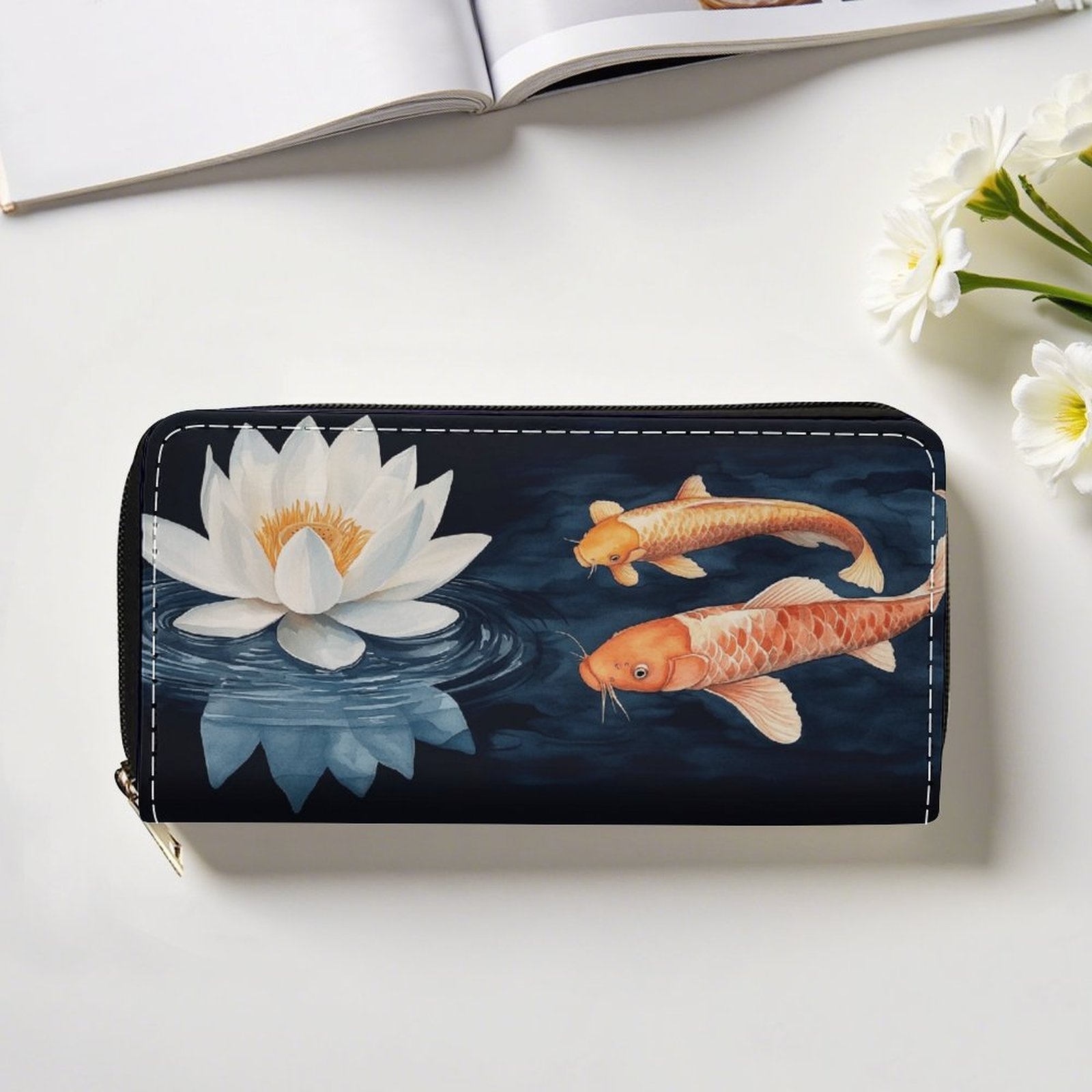 Women s & Men s Koi Fish & for Lotus Japanese-Inspired Wallet - Zippered Long Wallet with Card Holder & Coin Pocket, Golden-Tone Hardware, Multi-Functional Purse-Wallet with Zippered Pocket, Wipe-Clean, Secure Zipper Closure, Elegant Gift for   (Casual & Formal Use) - Black &   & for Lotus Design,   Options  , Large Women Wallet for Women, Wallet for Women Long, White Wallets for Women, Women Wallets High Quality,