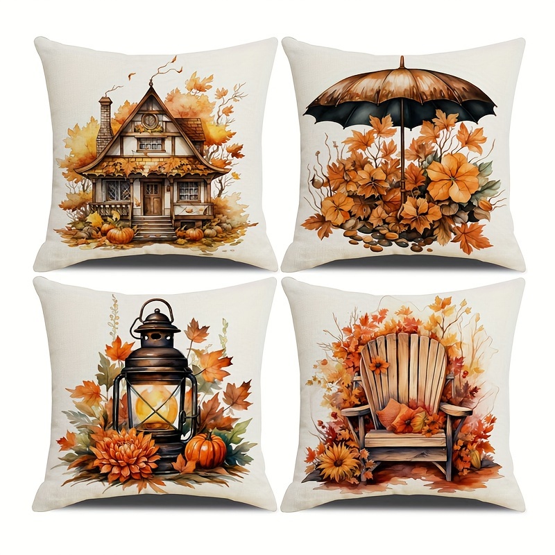 Set 4 Autumn Themed 18in 18in Pillow Covers