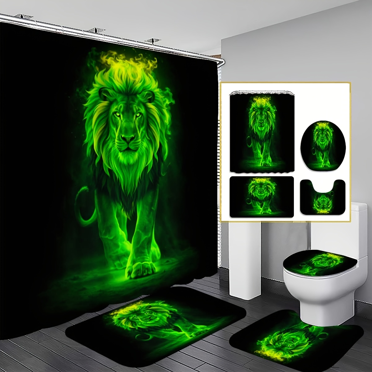 TEMU 2d Flat, 4pcs Magical Lion Shower Curtain Set, 2d Flat Fluorescent Green Flame Lion Background With Luminous Effect For Bathroom Decor. Bathroom