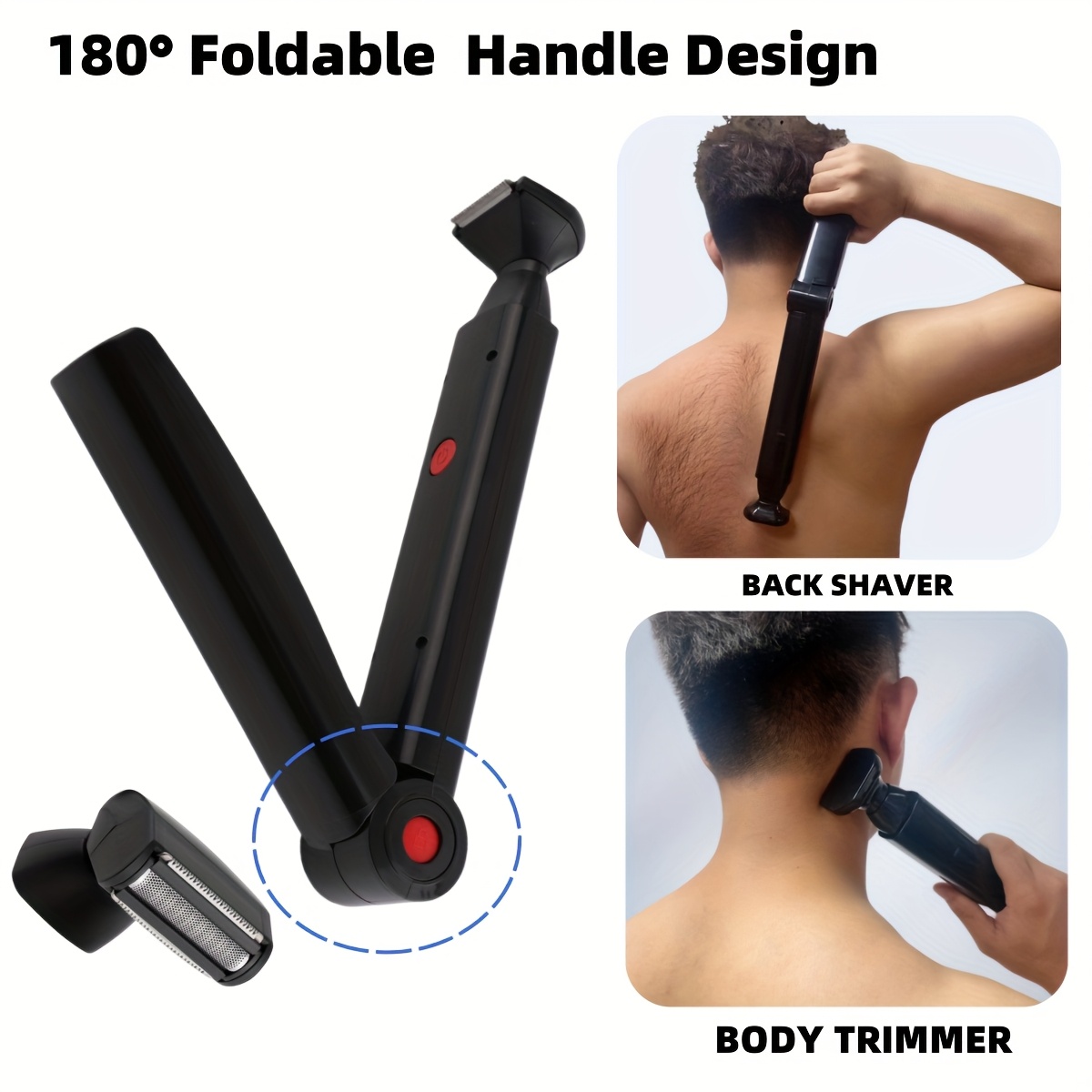 mens foldable back hair trimmer   electric back shaver with a long handle featuring two shock absorbing telescopic heads suitable for trimming underarm and chin hair Product details 1