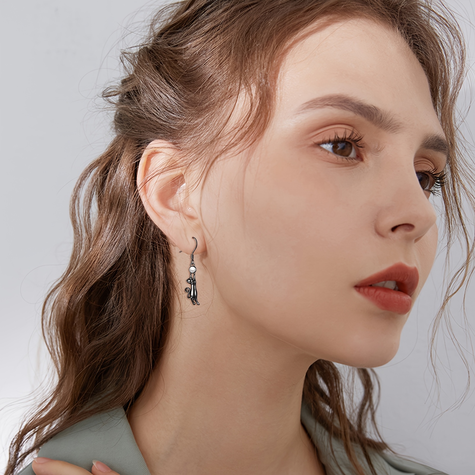 black cat earring for women sterling silvery   pearl cat dangle earrings for women Product details 0