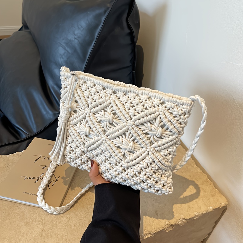 Adjustable Strap Drawstring Bag, Large Capacity Solid Bucket Bag, Fashion  Portable Crochet Bag