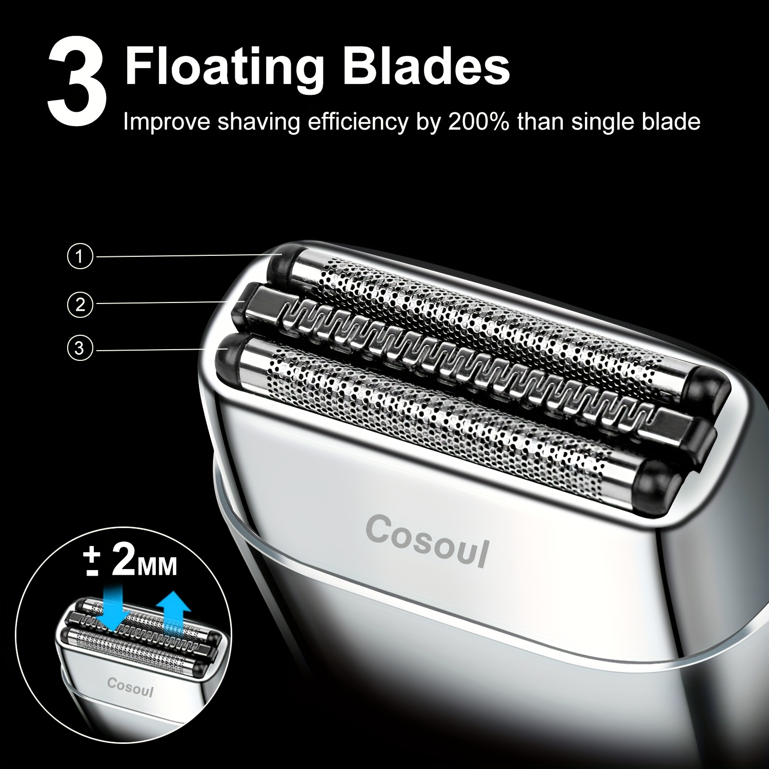   mens electric shaver with 3 floating blades fast charging usb c long lasting 900mah battery 60 min   metal alloy body cordless travel shaver for beard mustache neck ideal gift for men daily grooming stylish grooming tool durable construction business travelers     precision shaving professional shaving Product details 2