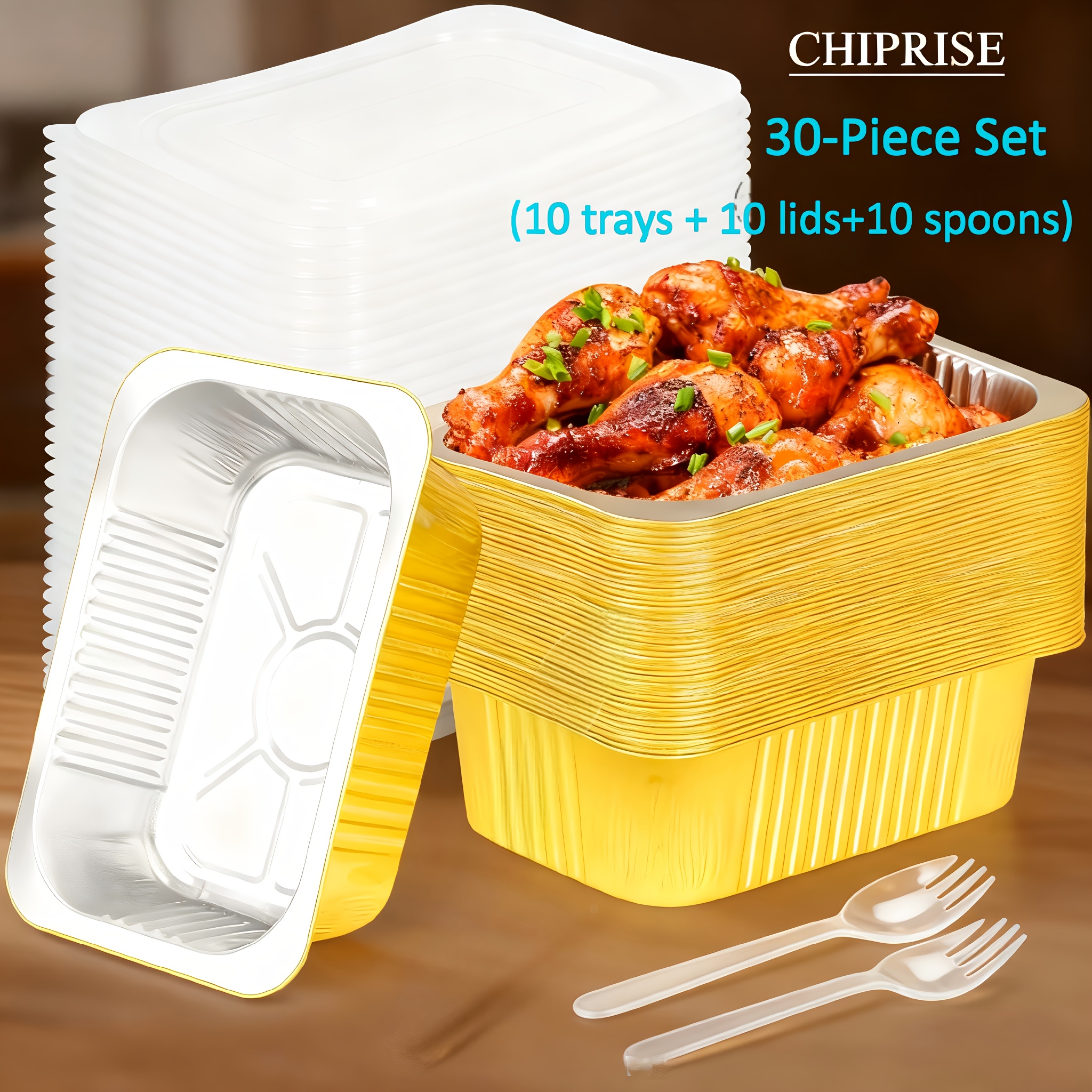 TEMU 30pcs Set (10 Pans + 10 Lids + 10 Spoons) Golden-trimmed Heavy-duty Aluminum Foil Pans, Aluminum Foil Food Containers, Disposable Foil Pans For