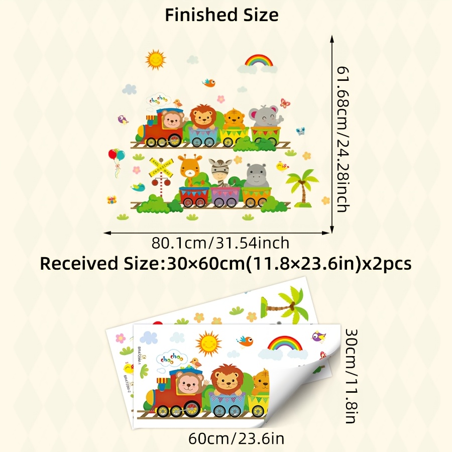 TEMU 2pcs/set Cartoon Animal Train Wall Stickers, Premium Removable Self-adhesive Decals, Cute And Cartoon Design, Perfect For Back-to-school Decor,