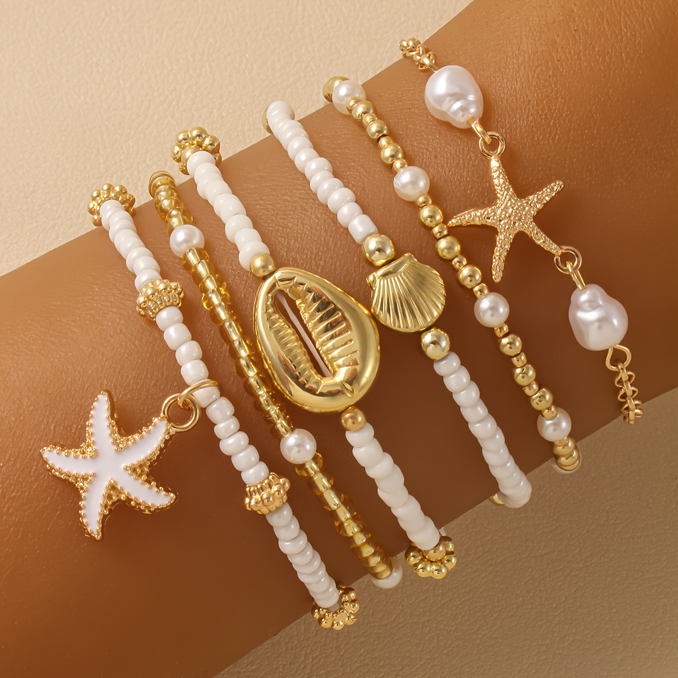 Image of 6pcs Summer Sexy Stackable Pearl Bracelets, With Artificial Starfish And Shell Pendant Bracelets, Women's , Beach, Daily All-match Jewelry
