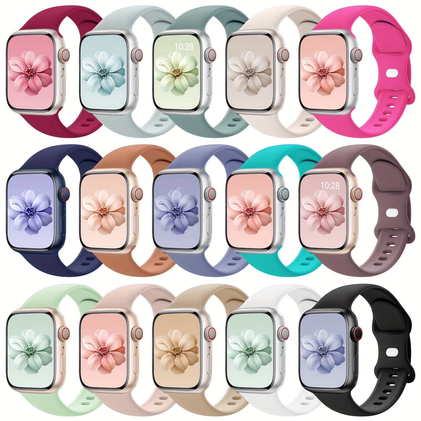 TEMU 15pcs Elegant Silicone Band Set For Women - Waterproof, Straps For Iwatch 40mm/41mm/38mm/45mm/44mm/42mm - Fashionable Replacement Wristbands For /9/8/7/6/5/4/3/2