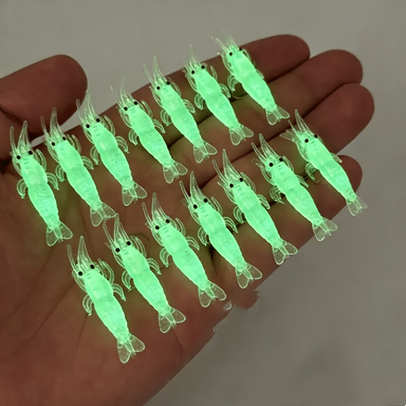 TEMU 14pcs Glow Shrimp Fishing Lures, Pre-loaded Soft Plastic Bait With Hooks, Suitable For Night Fishing, Saltwater And Freshwater Lures, For ,