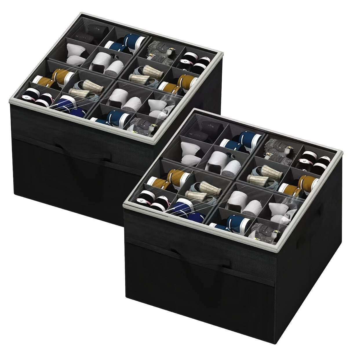 Foldable Shoe Storage Box with Adjustable Dividers and Clear Lid