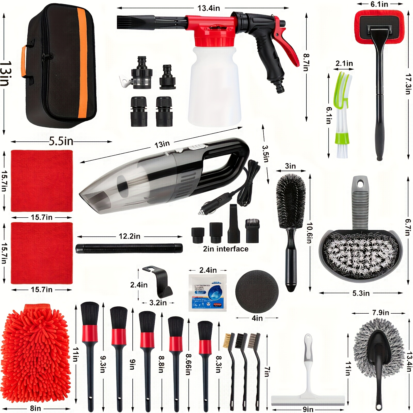 TEMU 42pcs Of Car Cleaning And Washing Kit, Interior Detail Cleaning Tools, With Handheld Vacuum Cleaner, Brush Set, Windshield Tool, Duster, Towel,
