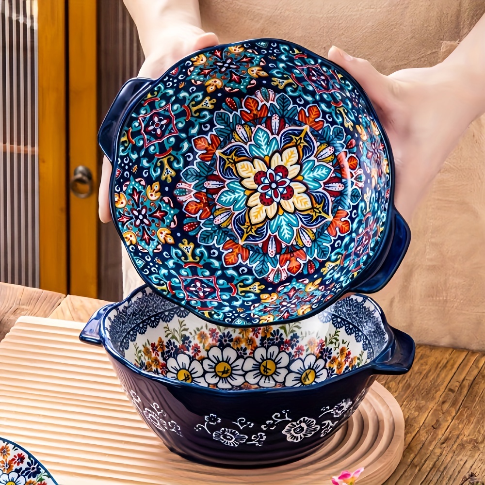 2 Stück Böhmische Doppelohr-Suppen Schüssel Heimkeramik Hochwertige Obstsalatschale, 23,5 cm Große Suppenschüssel Haushalts Salatnudelschale, Getreidesuppentopf Geschirr Ramensschüssel Hitzebeständig