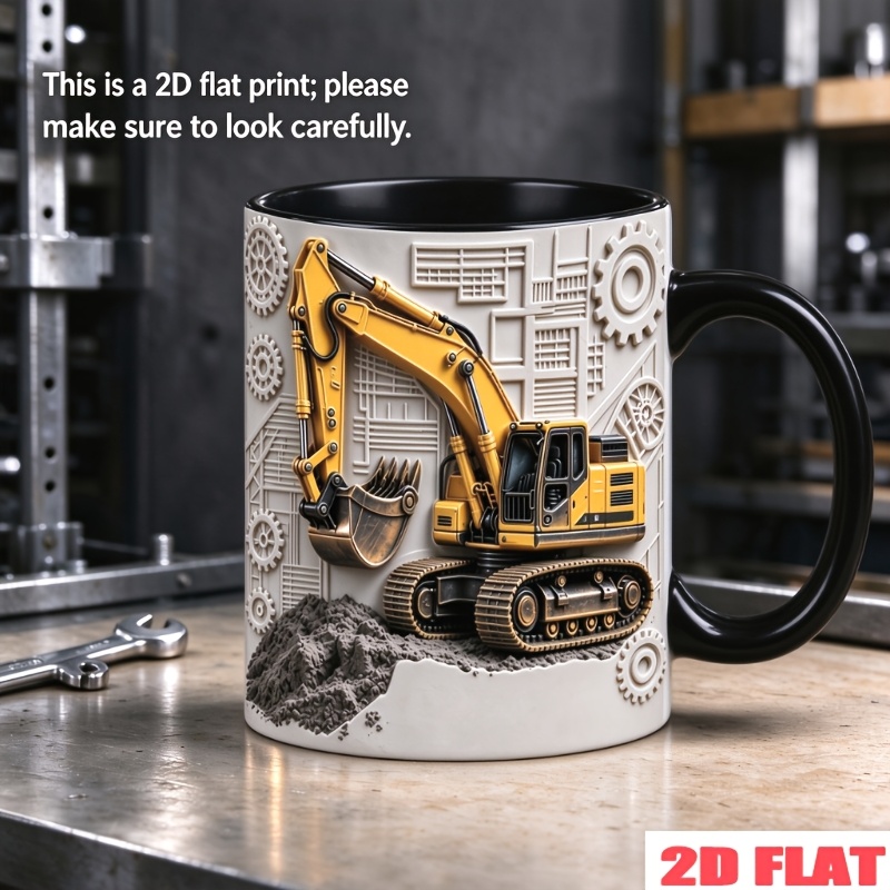 TEMU 2d Printed Custom Excavator Mug, Personalized Ceramic Coffee Cup With Name, 11oz, Customizable With Name/text, Features Golden Excavator, Gears,