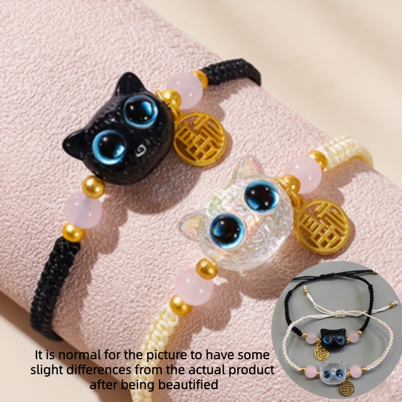 TEMU 2pcs Set Adjustable Black And White Cat Couple Bracelet - Cute Black And White Cat "fu" Charm, Minimalist Style Accessory Women's Jewelry, For