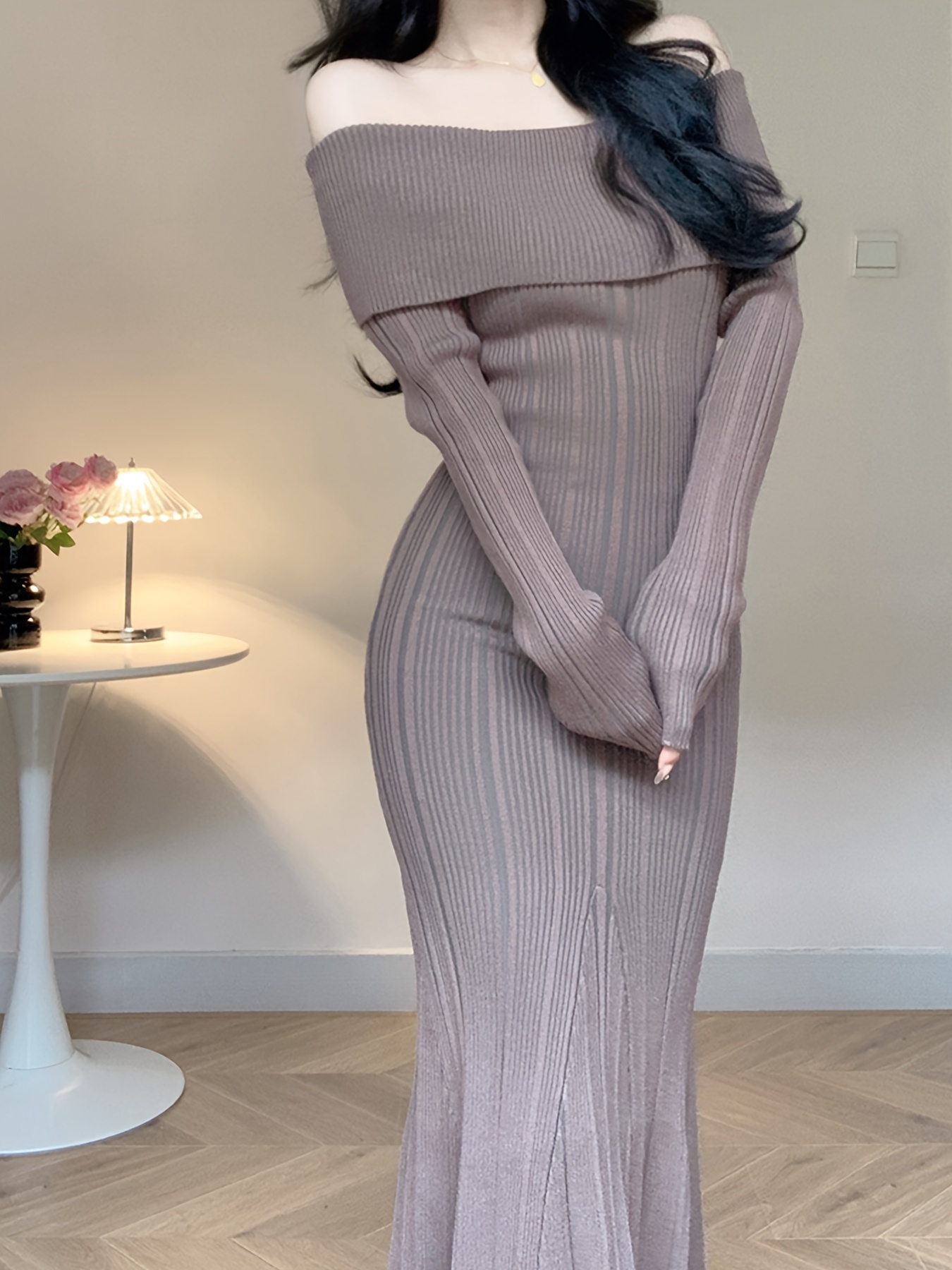 long sleeved fitted sweater dress a shoulder design - Temu Czech Republic