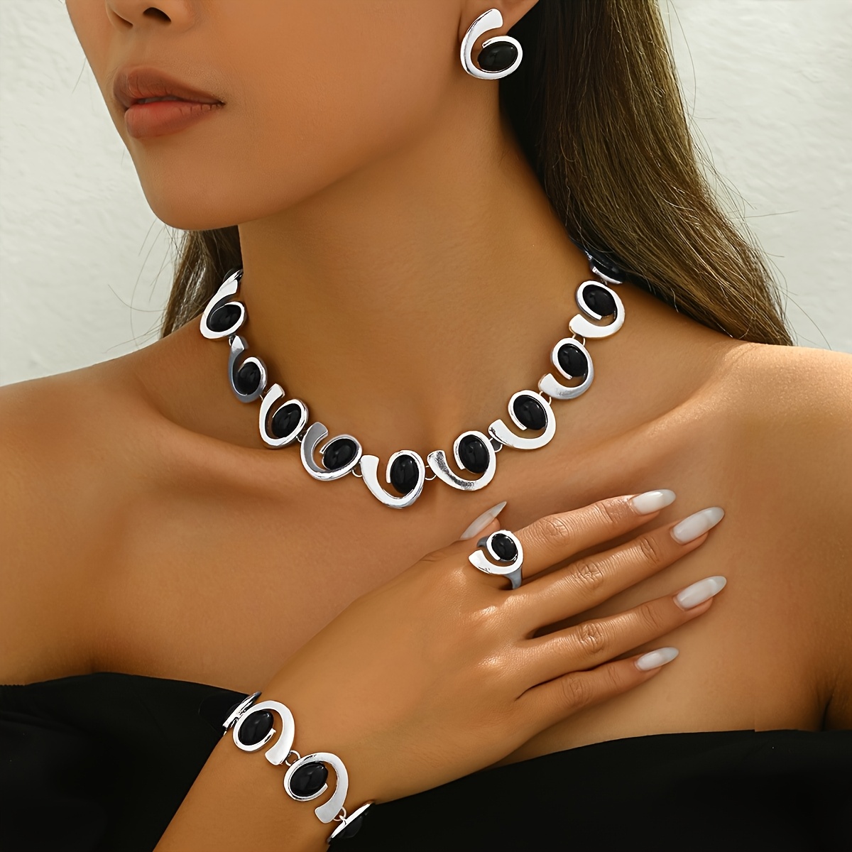 TEMU 5pcs Set Of Stylish Elegant Black Acrylic Geometric Spiral Snail Scroll Spliced Necklace, Bracelet, And Earrings Ring Set For Daily Party Banquet Versatile Jewelry