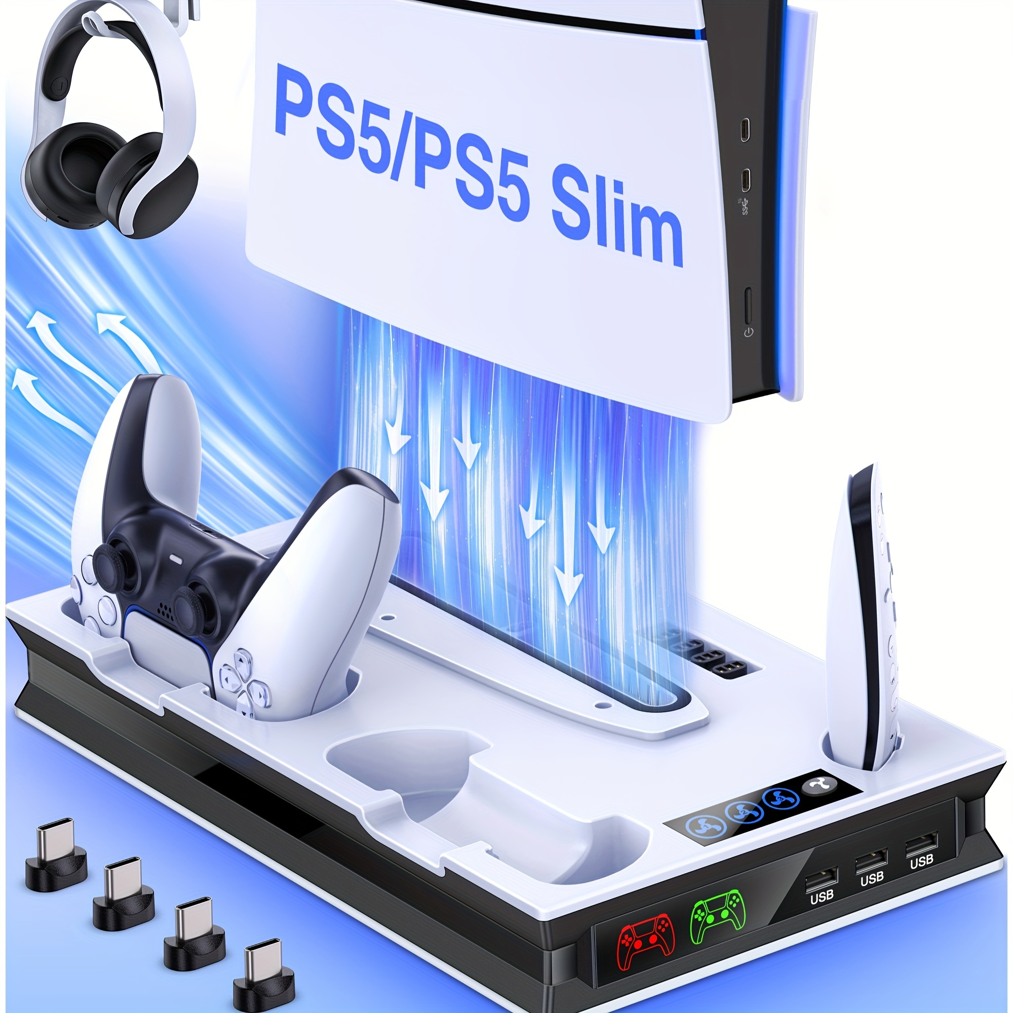 Ständer und Kühlstation für die PS5, inklusive Controller-Ladestation, entwickelt für die PS5 Slim/PS5. Sie verfügt über einen Lüfter mit drei Geschwindigkeitsstufen, einen USB-Hub mit drei Ports, einen Headset-Halter und einen Mediaslot für beide Dis.