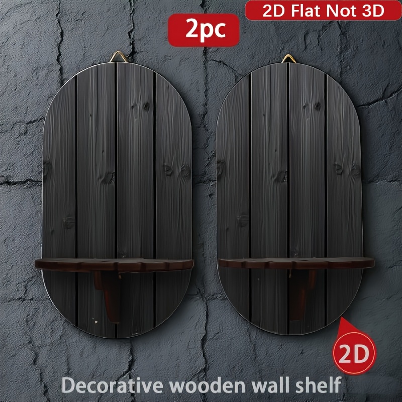 TEMU 2pcs 2d Flat Print Black Wood Grain Wall Candle Sconce, Rustic Wooden Wall Candle Holder, Farmhouse Wall Display Decor Shelf, 2d Flat