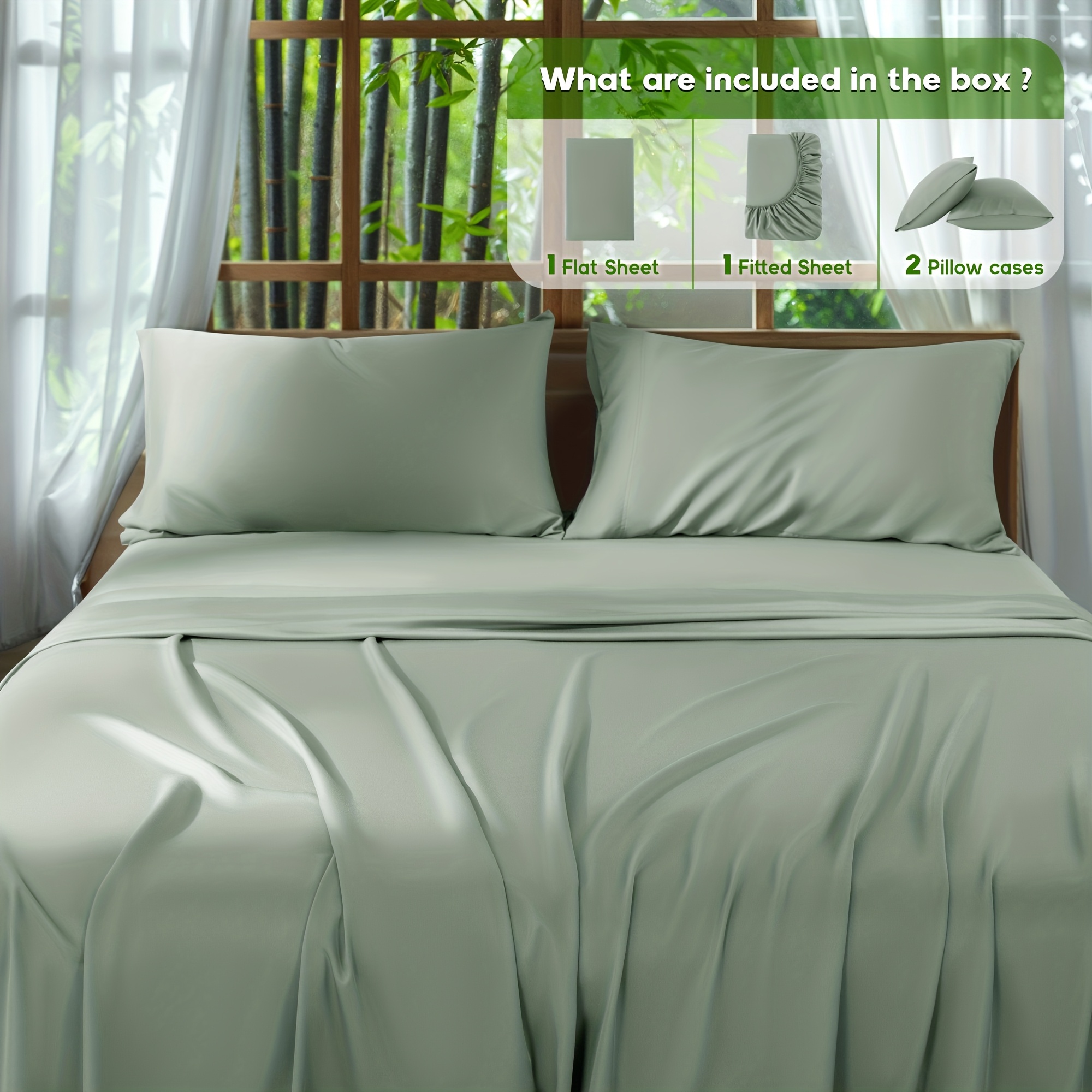 TEMU 4pcs 2000 Cooling Bamboo Bed Sheets Set, Breathable Bed Sheets With 16" Deep Pocket, Wrinkle & Shrink Resistant, Includes Fitted Sheet, Flat
