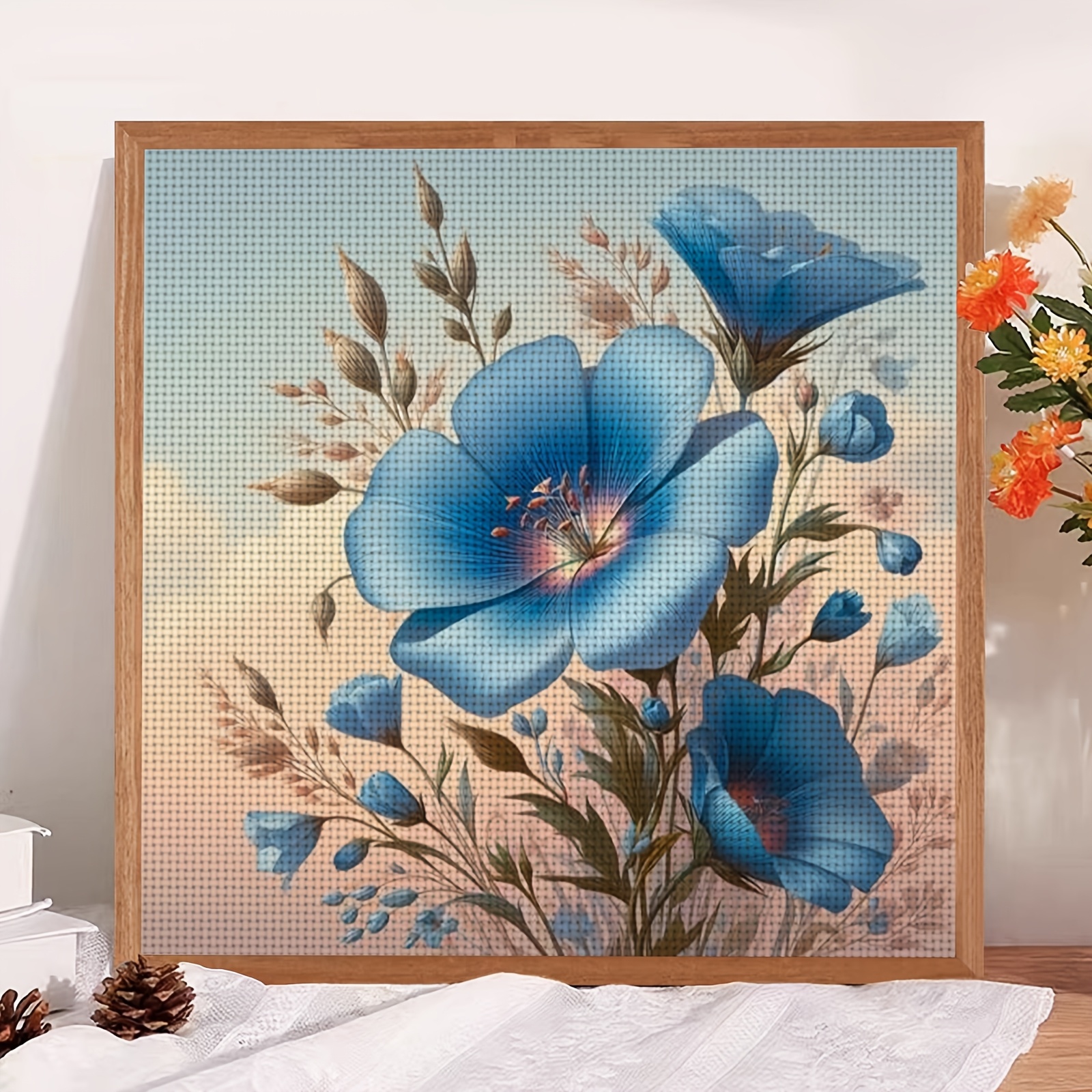 Complete DIY Cross-Stitch Starter Kit, Blue Flowers Blooming Pattern