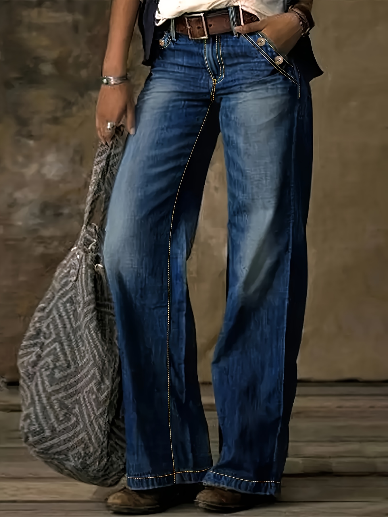 Women'S Vintage-Inspired Mid-Rise Wide-Leg Jeans with Built-In Zipper & Durable Pockets - Comfortable Stretch Denim for Casual Everyday Wear, All-Season Bootcut Style, Comfortable Fashion, Classic Fashion, Medium Elasticity Fabric