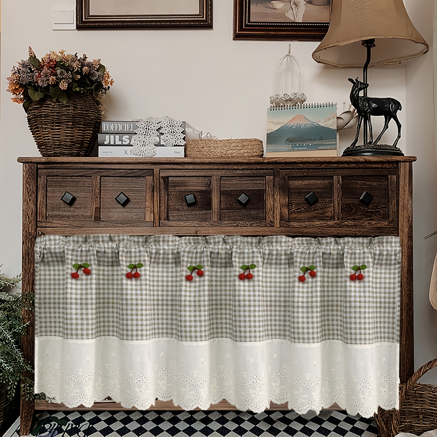 E-shop 1-Panel Rustikaler Amerikanischer Landhausstil Kirschfarbener Kurzvorhang, Klassisches Karomuster mit Gestickter Blumenstickerei, Vintage Kaffee