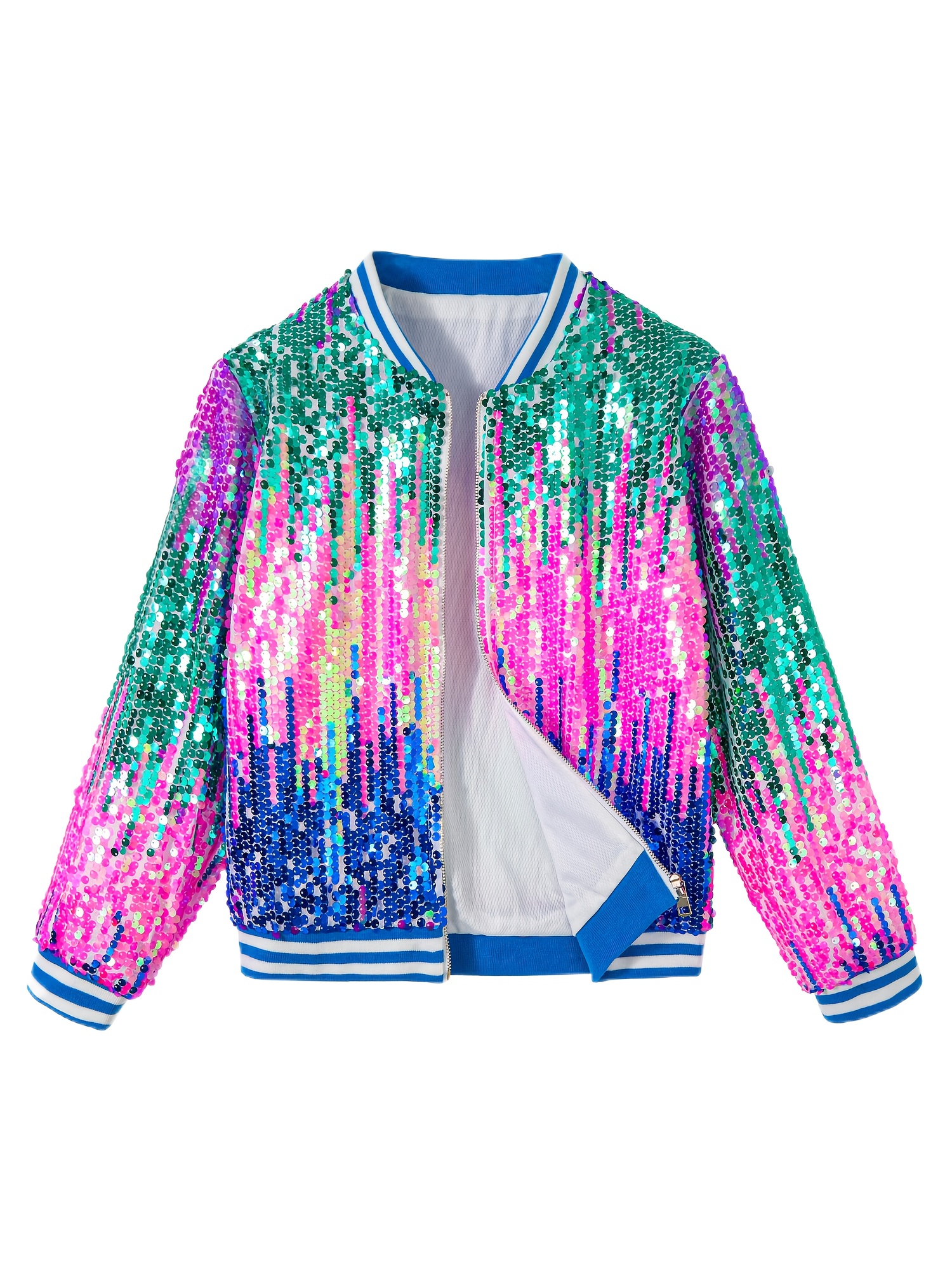 girls sequins jacket gradient splicing colorful jacket long sleeve bomber coats with pockets spring and autumn clothing 4 13 years old ombre   0