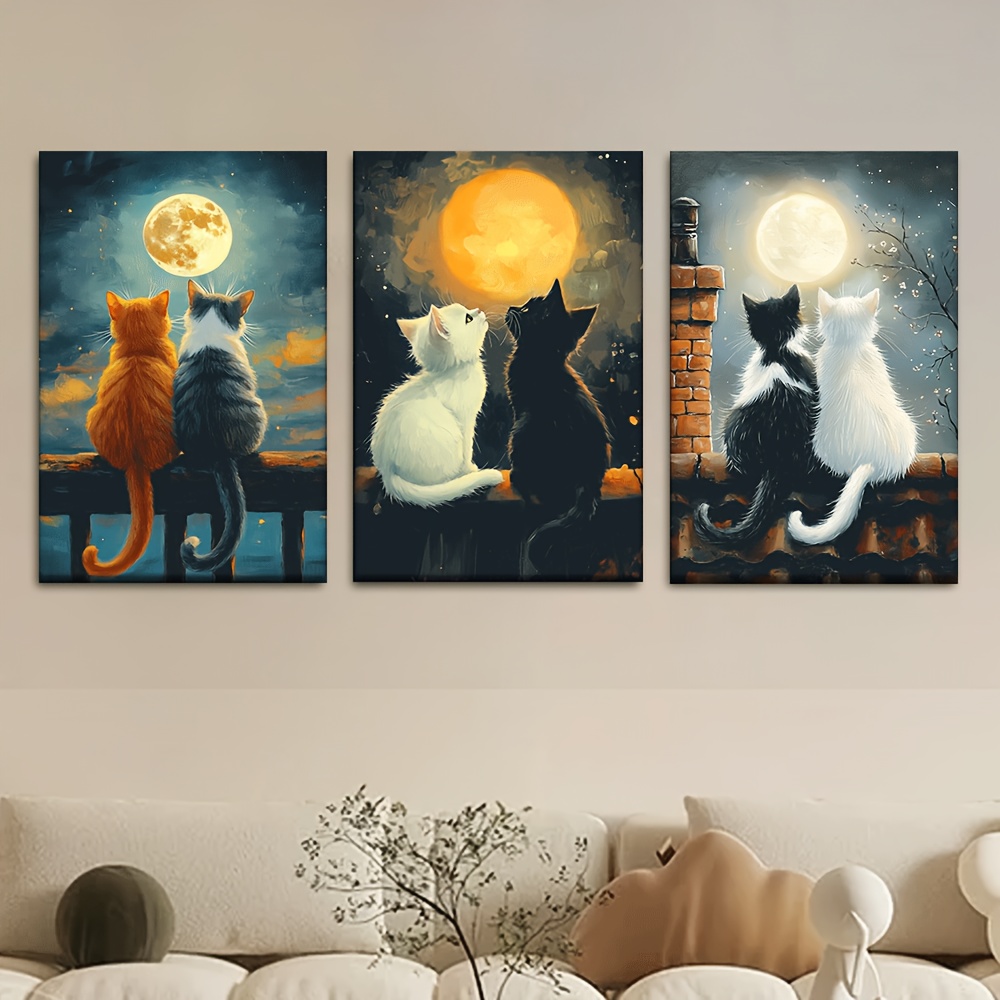 TEMU Set di 3 pezzi Due Sotto la Luna Dipinti Astratti - su Tela a Senza Cornice, Tabby e Tuxedo con Fasi Lunari Multicolore, Regalo per