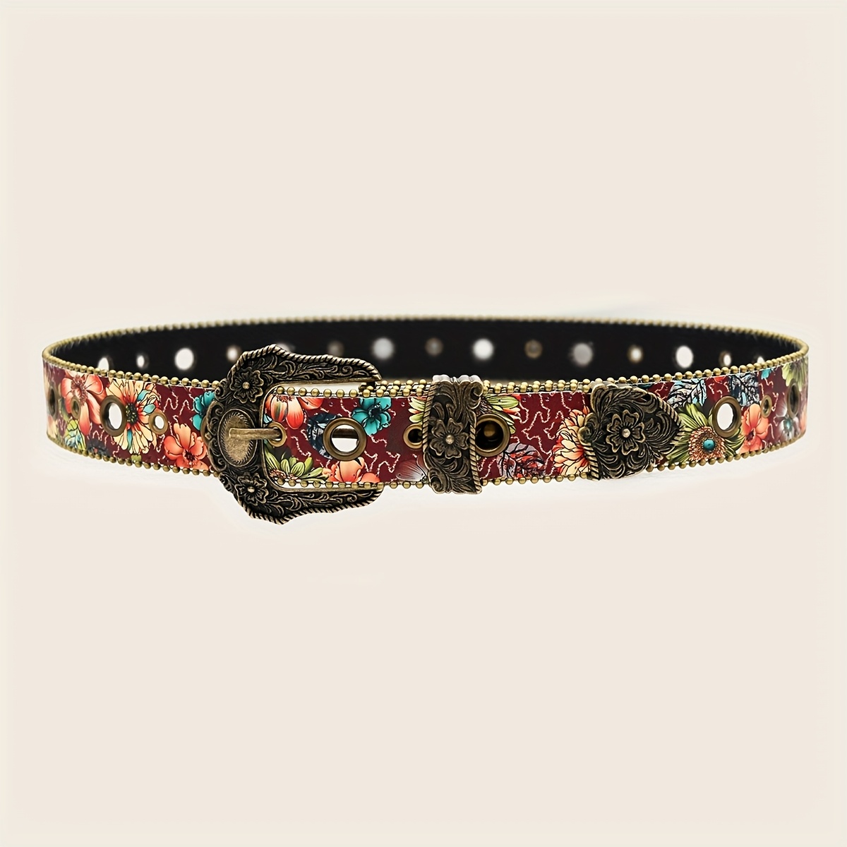 E-shop Vintage Blumenmuster Western Gürtel für Damen, Boho Retro Bronze Schnalle Taillengürtel, Modischer Cowgirl Gürtel für Jeans und Kleider