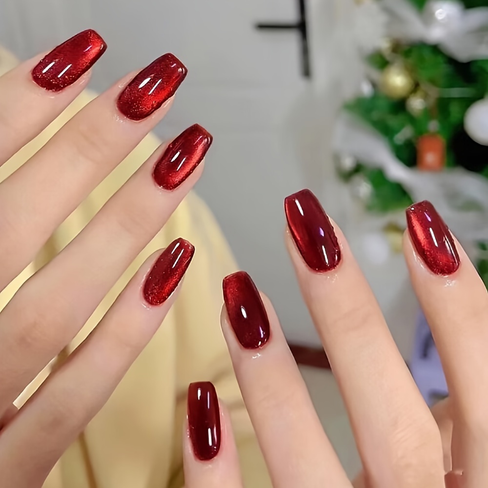 

30pcs Red Crystal Stone Cat Eye Press On Nails, Glossy Medium Square Fake Nails, Elegant False Nails For Women Girls Party Nail Deco