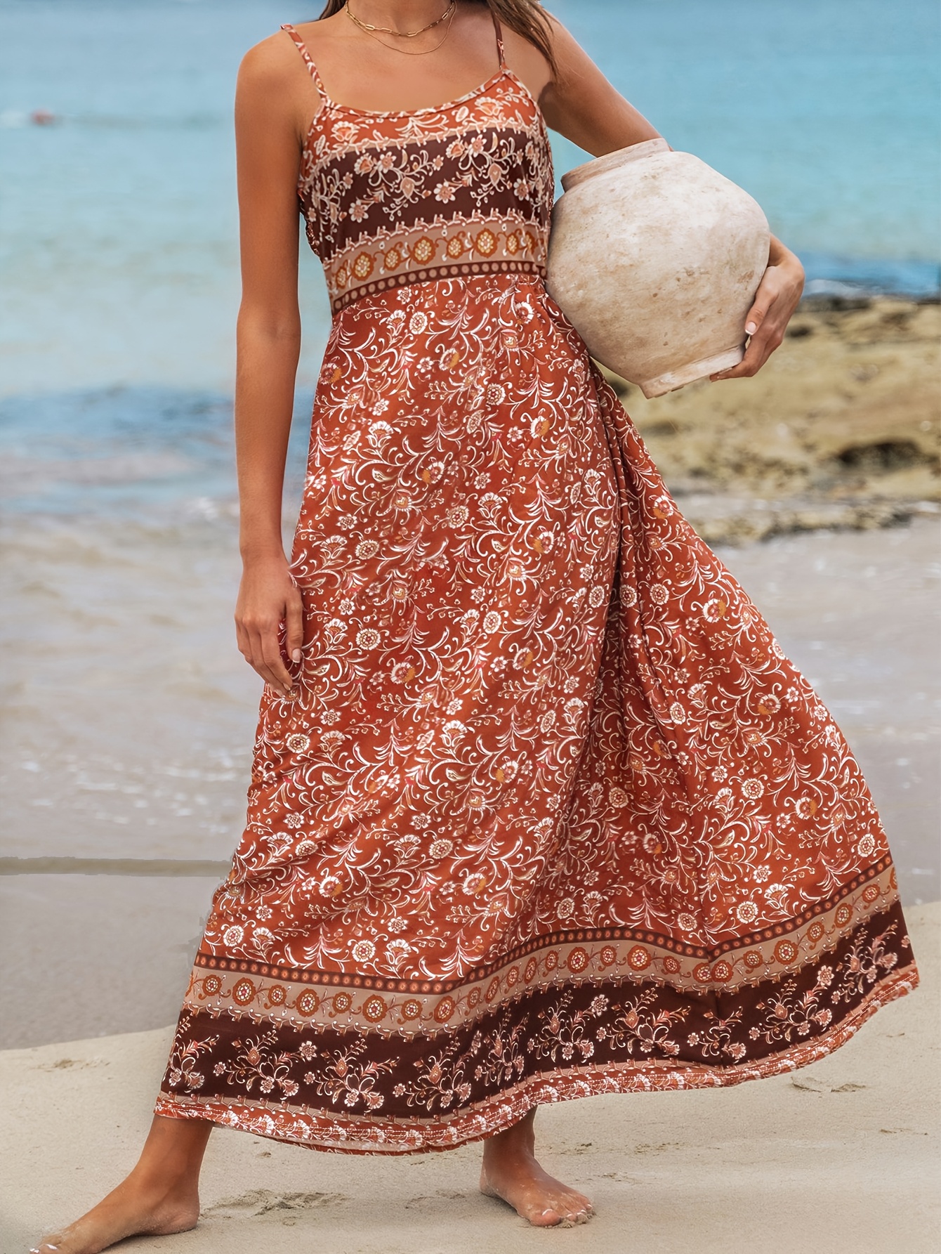 Boho Floral Print Maxi Dress - A-Line Brown/Beige/White/Orange Dress with  Spaghetti Strap \u0026 -Length Hem boho floral print maxi dress a line - Temu