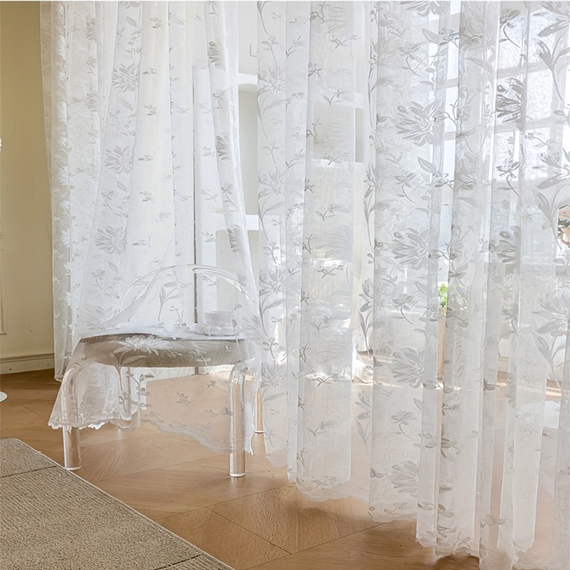 Image of 1pc Elegant White Floral Striped Curtain, Ladies' Style, Cute And Sweet, Rod For Easy Hanging, Suitable For Living Room, Balcony, Bedroom, , 's Room, Office, ' Room Window Decoration
