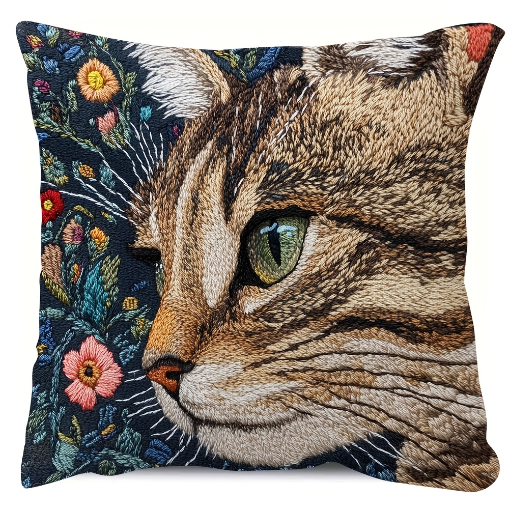 

- Gaze Embroidery-inspired Plush Pillow Cover, 18x18 Inches - Double-sided Print For Living Room & Bedroom Decor (pillow Not Included), Short Plush, Halloween Christmas