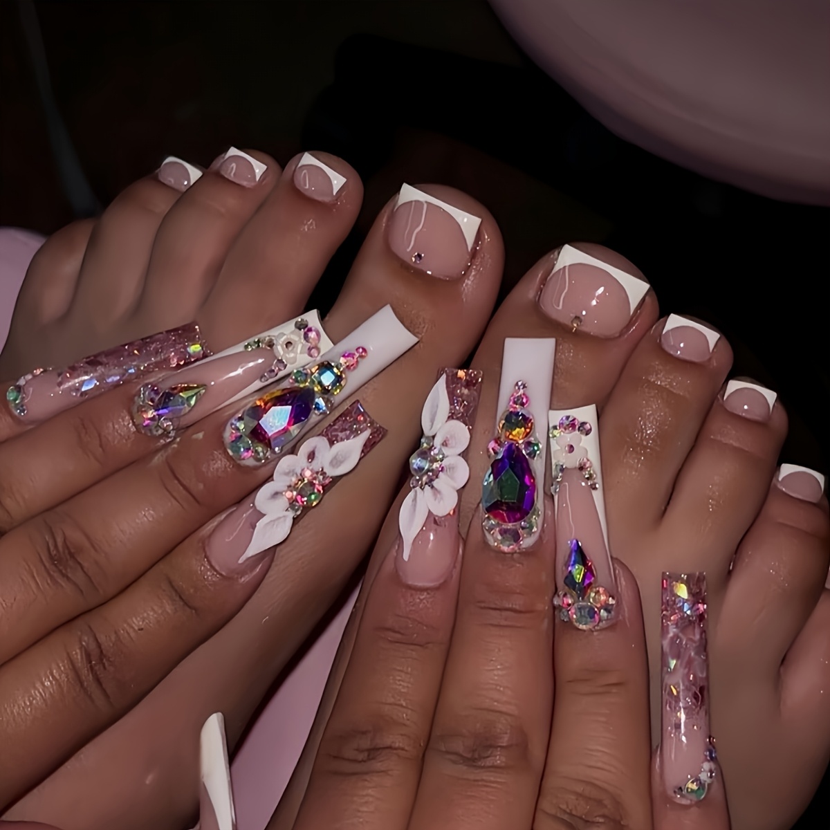 

48pcs Nude & White Floral Print Press-on Nail Set With Sparkling Rhinestones - Includes Nail File & Jelly Glue, Long Square Tips For A Look