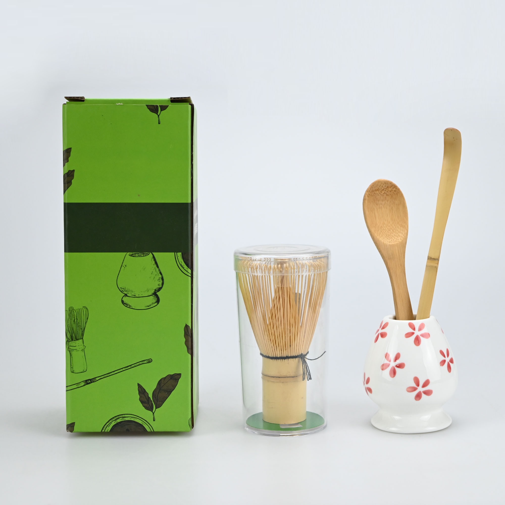 4-teiliges Matcha Set Bambus Schneebesen Teelffel Keramikausstattung  Matcha Schneebesen (*) Teelffel und Schpfkelle (Chashaku)  Teezubereitungs-Werkzeuge