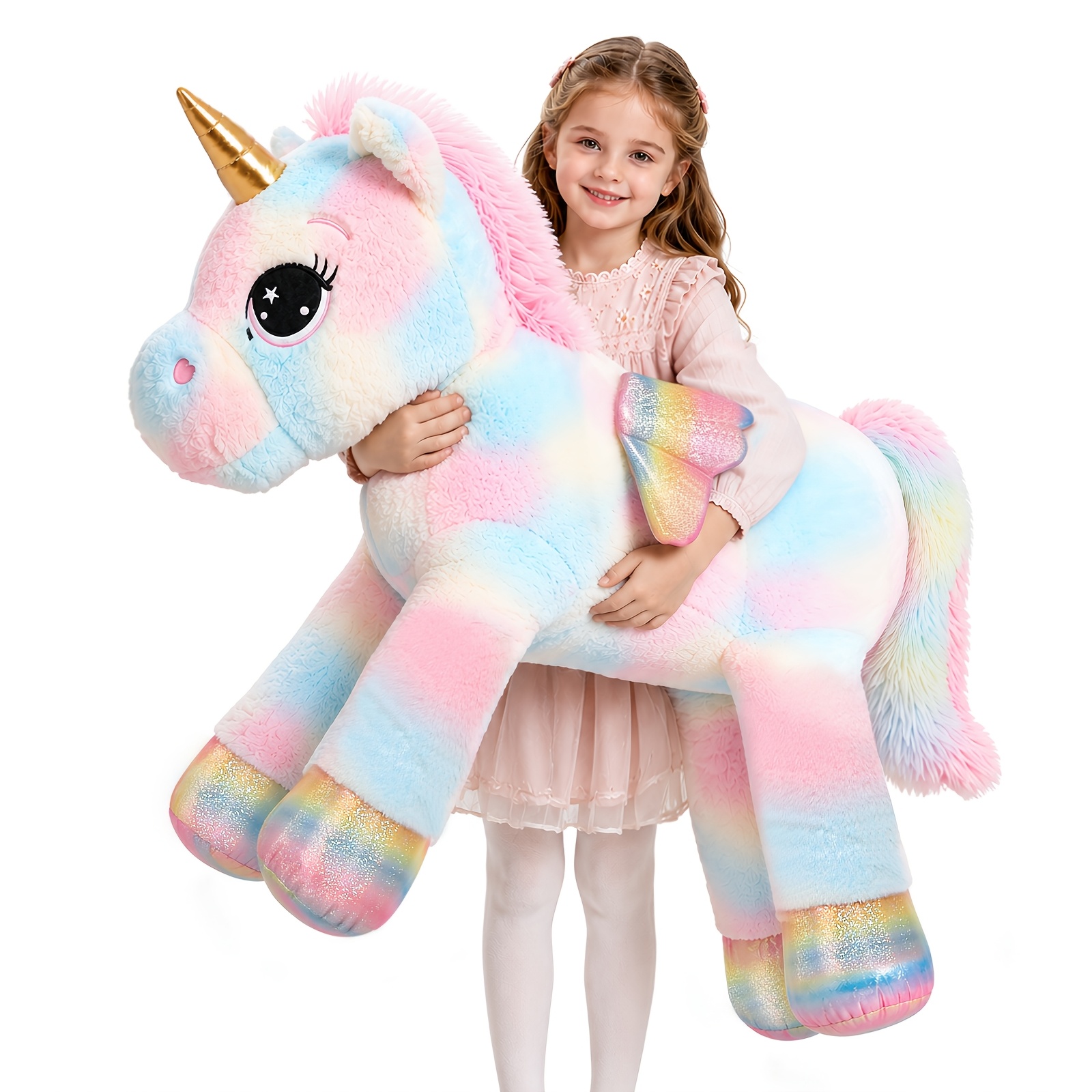 Image of 44'' Rainbow Unicorn Plush Toy With Golden Horns, Soft Rainbow Horse Steffed Animals, Gift For Kids Birthday, Halloween, Christmas, Valentine's Day