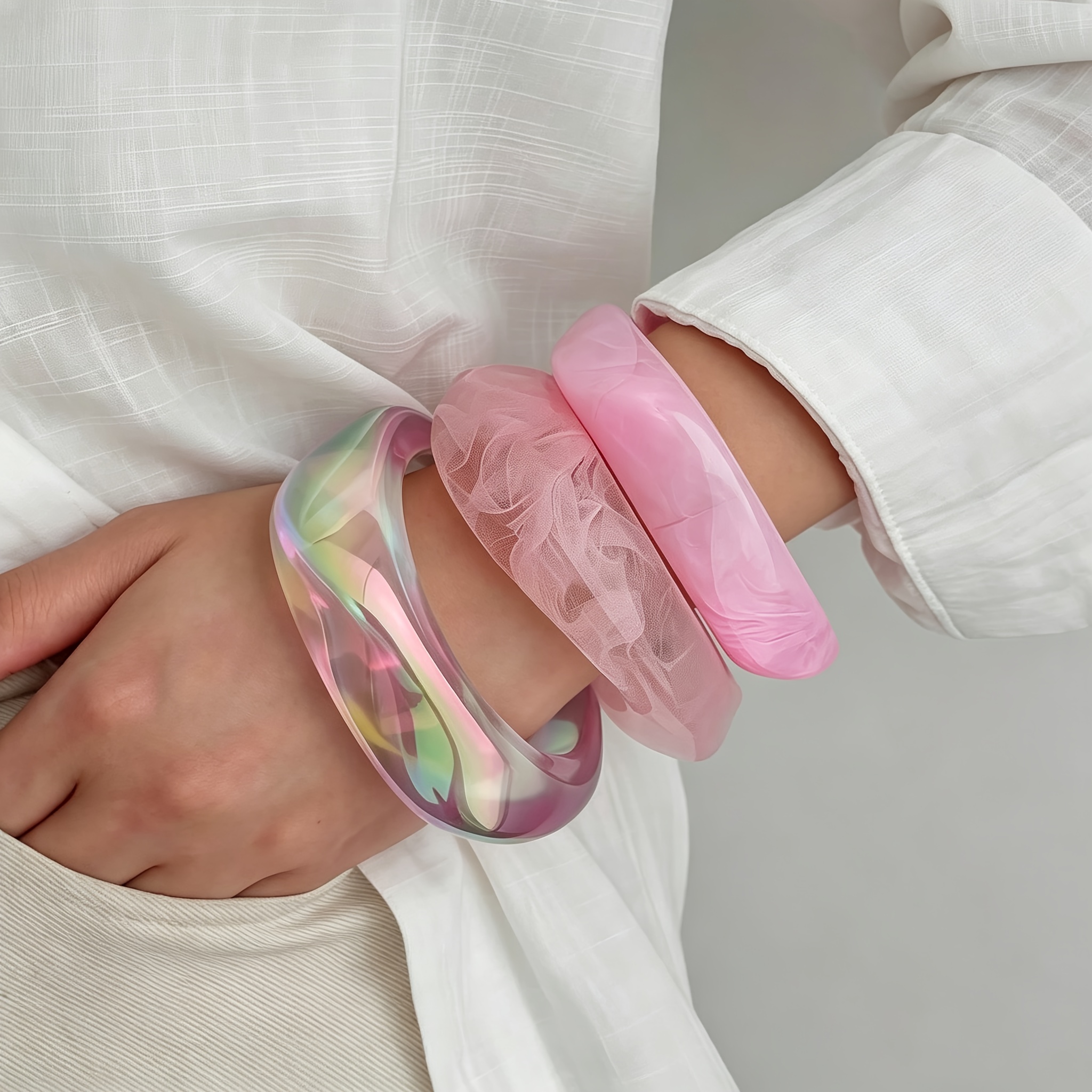 3pc Marbled Resin Bangle Bracelet Set, Trendy Stackable Design