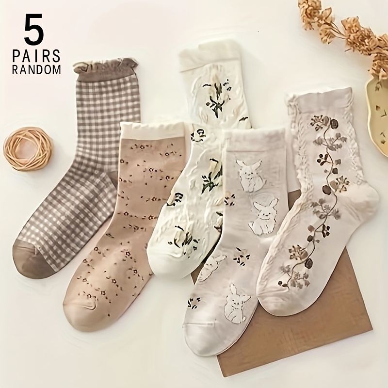 Image of 5 Pairs Random Colors, Women's Mid-calf Socks, Retro Trendy Versatile, 3d Embossed Patterns, Cute Cartoon Rabbit Long Socks