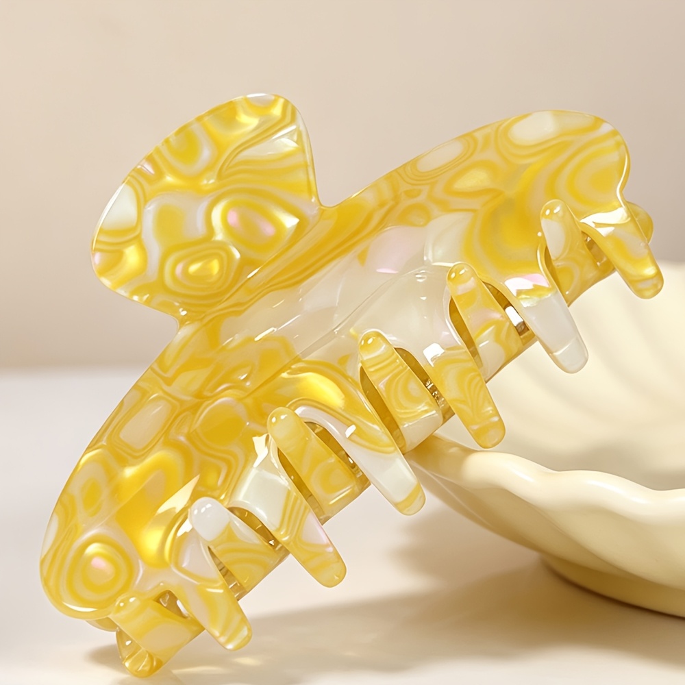 TEMU 1pc Yellow White Swirl Pattern Hair Claw Clip, Marble Textured Large Non-slip Shark Clip, Elegant Jaw Clamp For Women Daily Hairstyle Hair