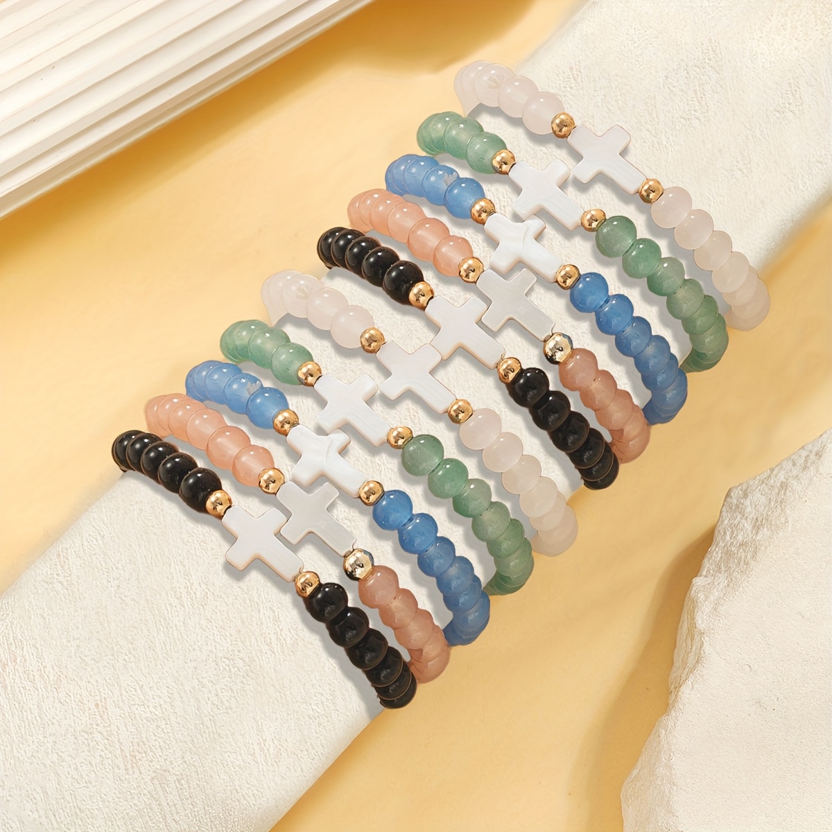 10pc Elegant Cross Glass Bead Bracelet Set, Multi-Layer