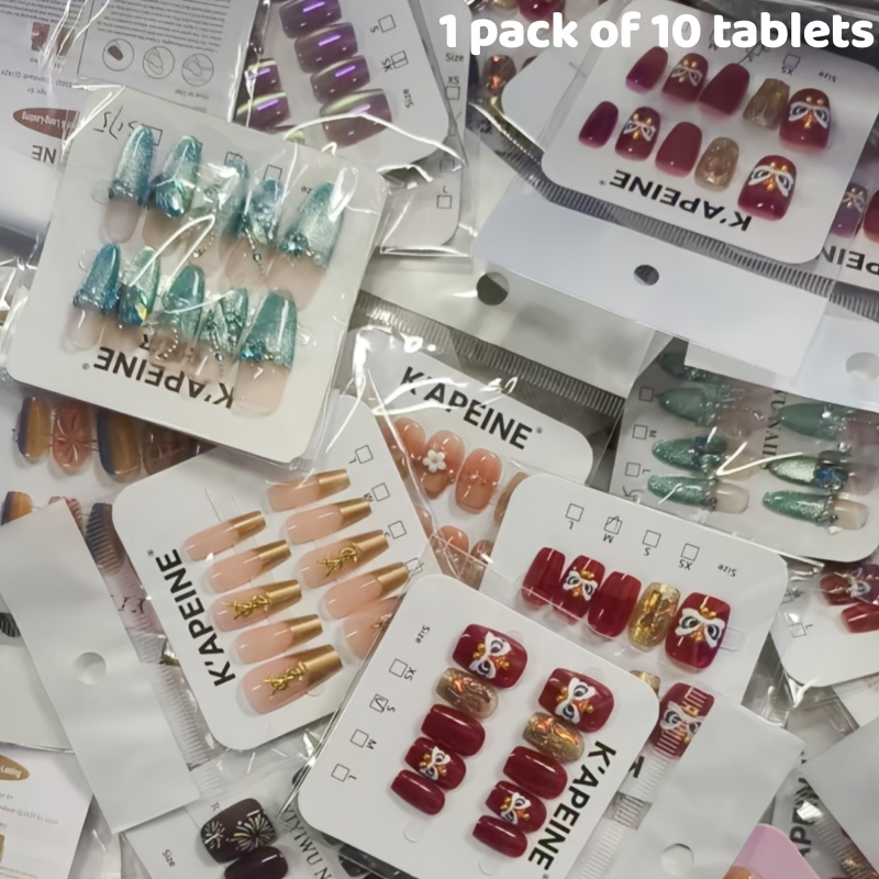 TEMU 10pcs Per Pack Press On Nails Random Style, Multi Lengths Long & Short, French/solid/glitter/cat Eye Designs, Oval/square/coffin Shapes, For &