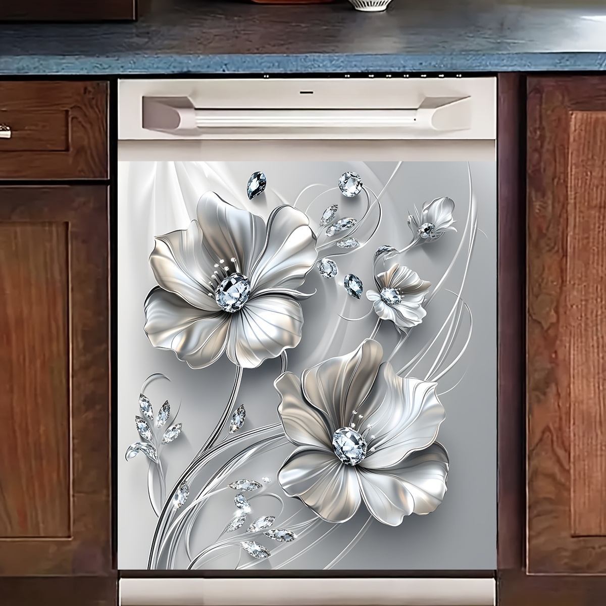 Image of 2pcs Silvery Flower Dishwasher Stickers Self-adhesive Removable Pvc Stickers, Suitable For Kitchen Dishwasher Glass Decoration