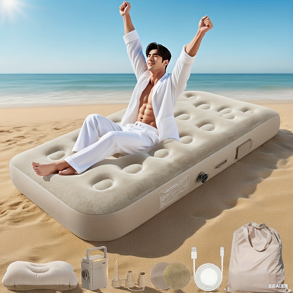 TEMU Air Bed, Outdoor Air Mattress, Air Mat, Single, Foldable, Camping Mat, Rechargeable Air Mattress, Simple Bed, With Pillow And Storage Bag, For