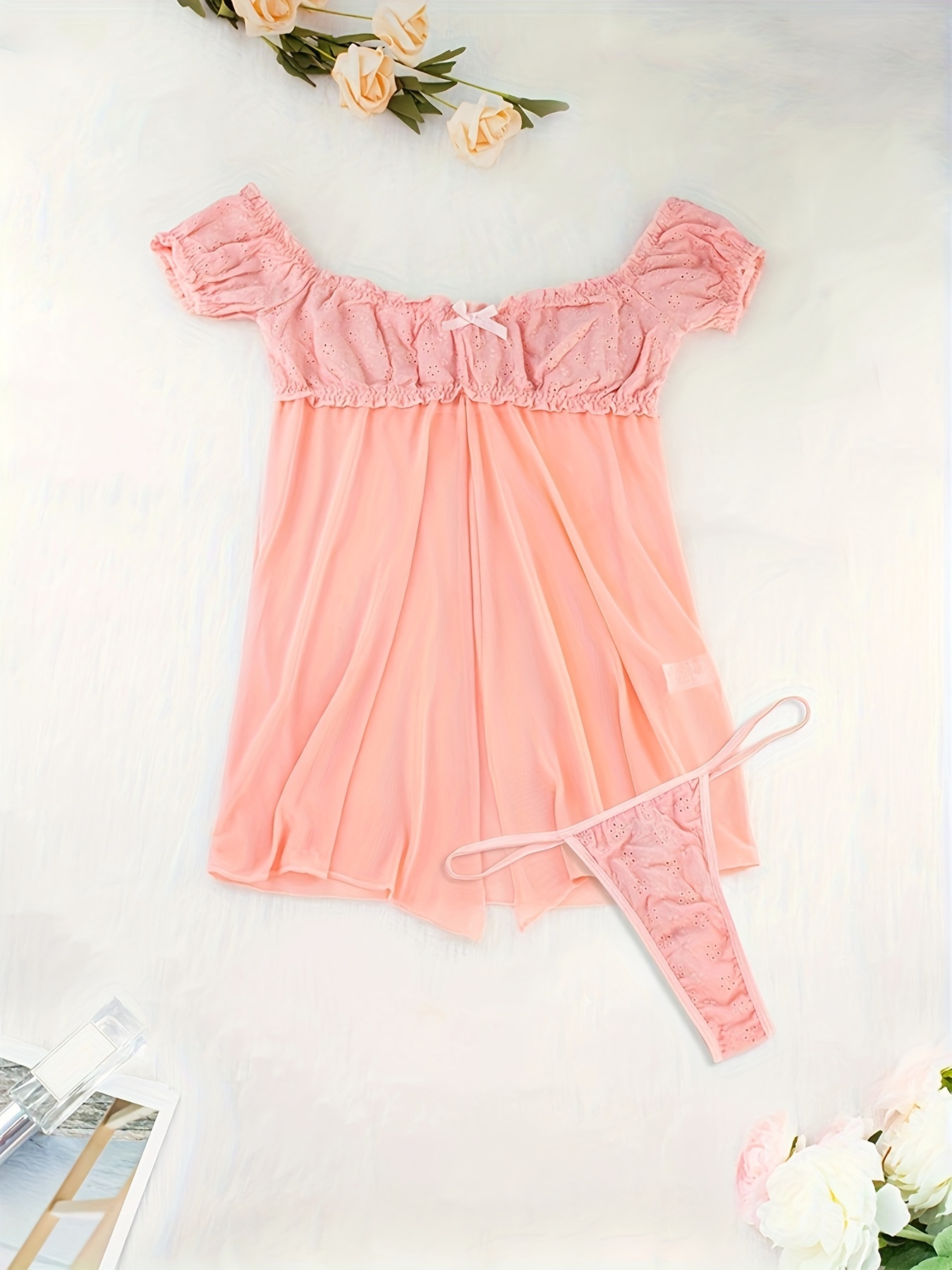 Pink Lace Embroided Mesh Babydoll Nightie