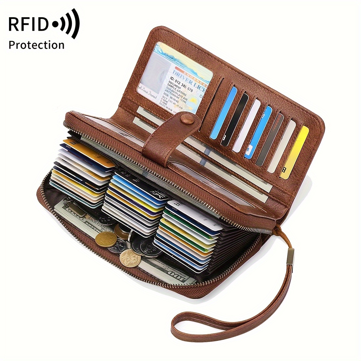 

Vintage-inspired Large Capacity Rfid Blocking Wallet For Women - Solid Color, With Credit Card Slots & Id Pocket, Includes Wrist Strap