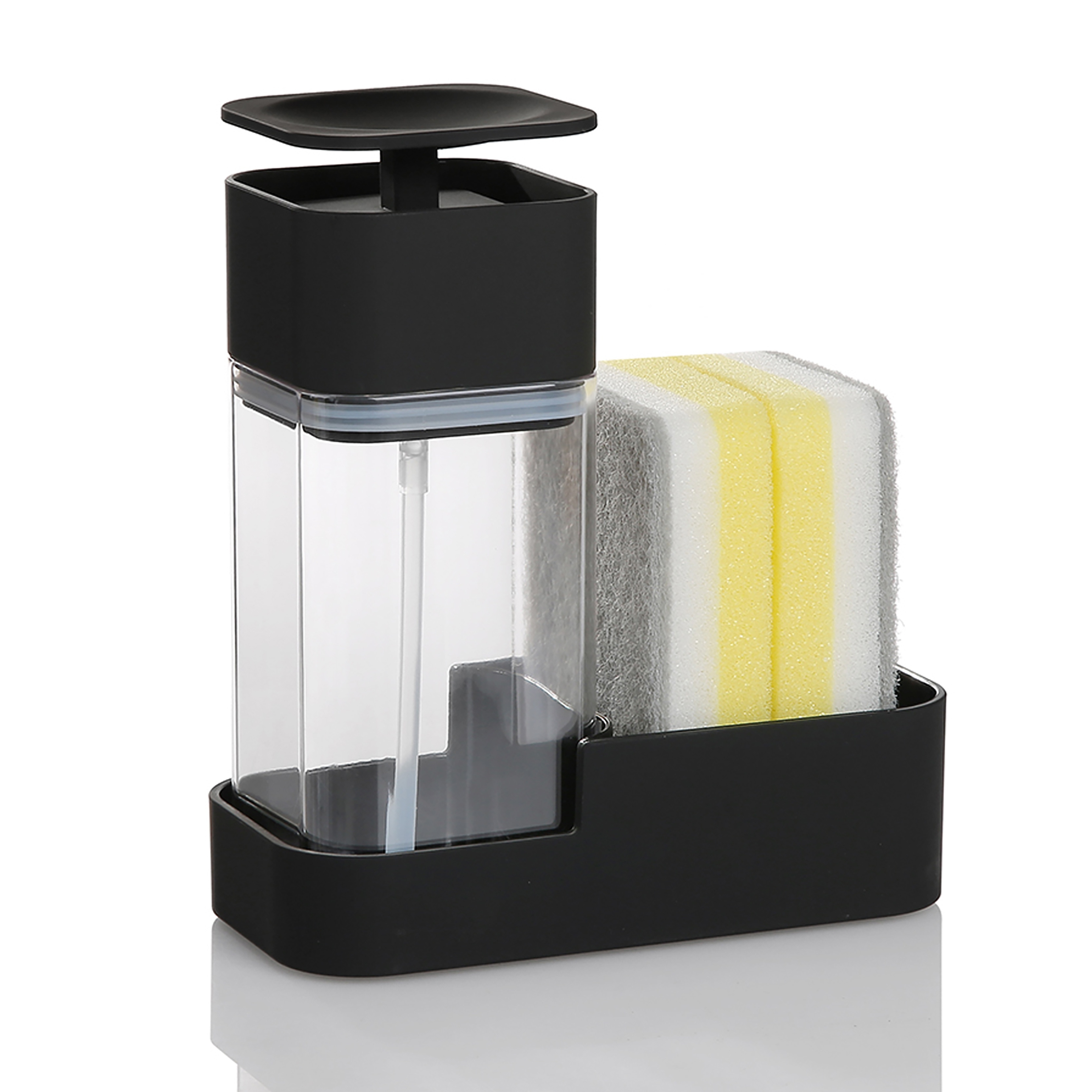 

1pc Kitchen Soap Dispenser With Sponge Holder, Black Pump Clear Plastic Bottle, Press-type Countertop Dish Soap Refilling Bottle